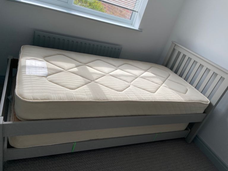 Dove Grey Single bed with trundle and mattresses 
