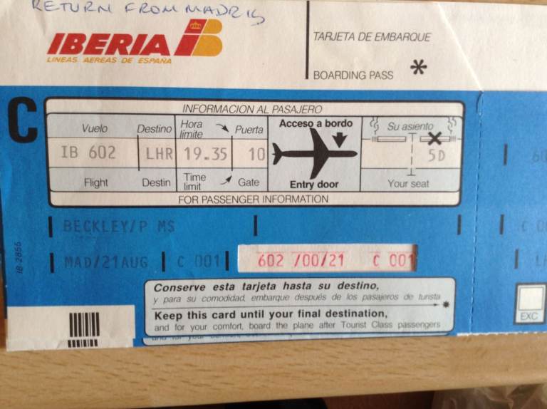 A Used Iberian Airline Ticket, Boarding Pass and Menu London - Madrid Return  91