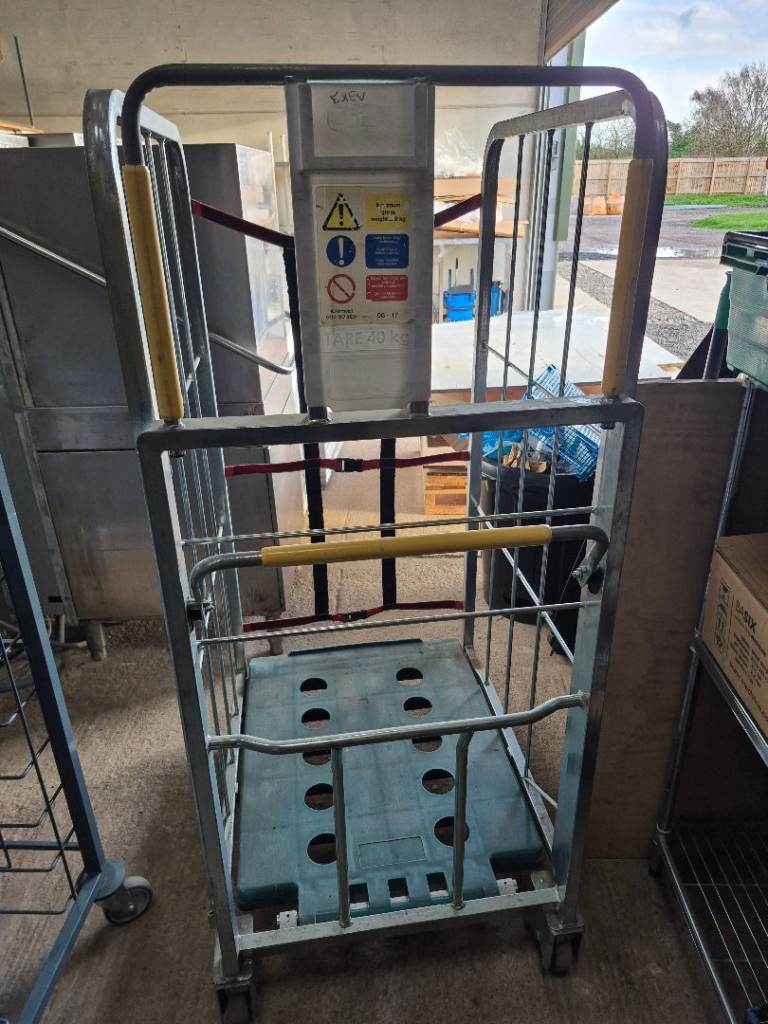 Warehouse Roll Cage Trolley for stock and storage with wheels brakes and straps