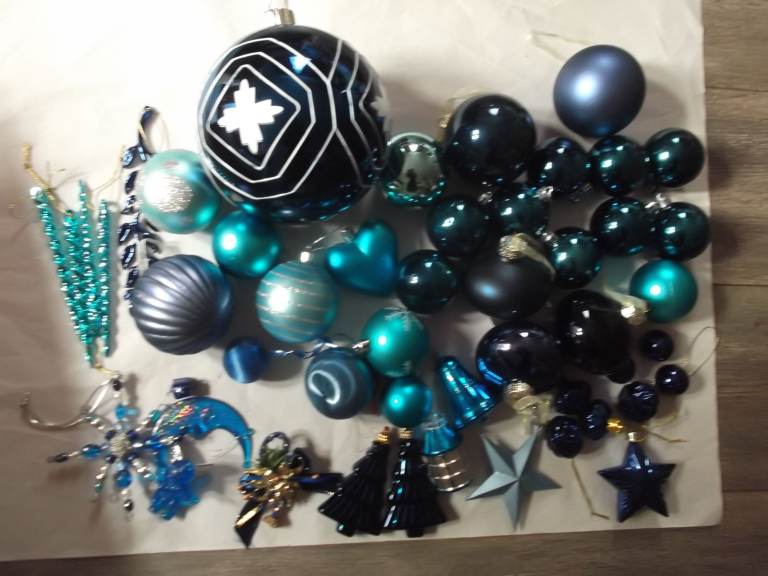 Blue Christmas Decorations Man in Moon Baubles Icicles LOT 