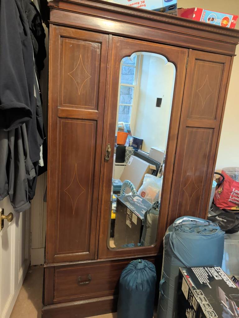 Vintage Wooden Wardrobe with Mirror and Drawer – Good Condition