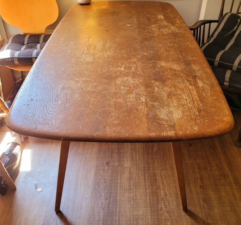 Vintage mid-century Ercol six-seater plank dining table 