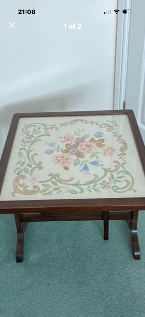 Vintage Wooden Coffee Table with Embroidered Top