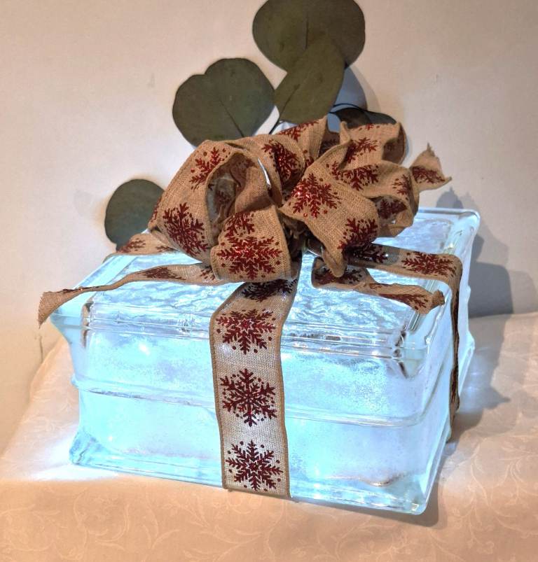 Sale - Christmas Glass Block with Battery Lights and Christmas Ribbon 