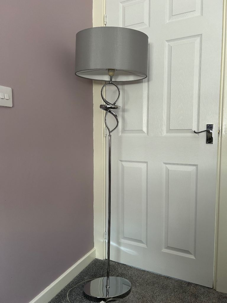 Stylish Chrome Standard Lamp with Grey Drum Shade