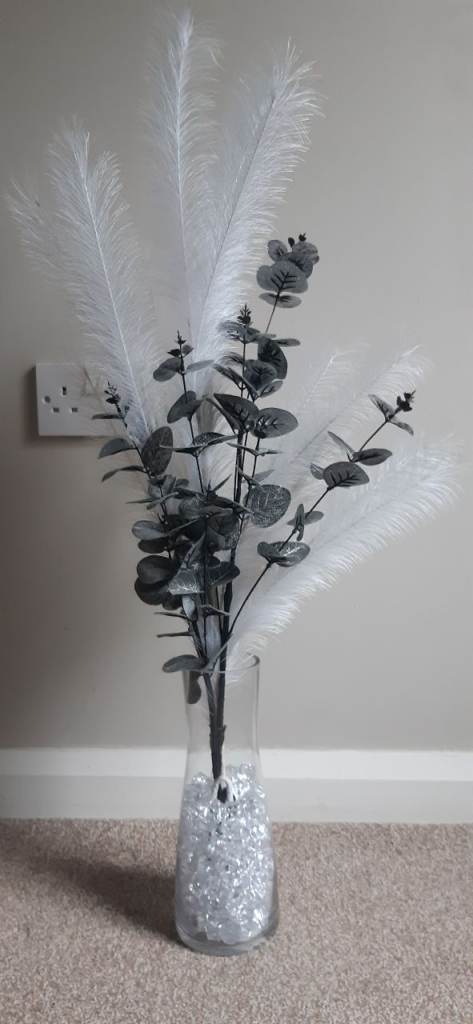 Artificial flower vase crystals pampass grass and silver leaves