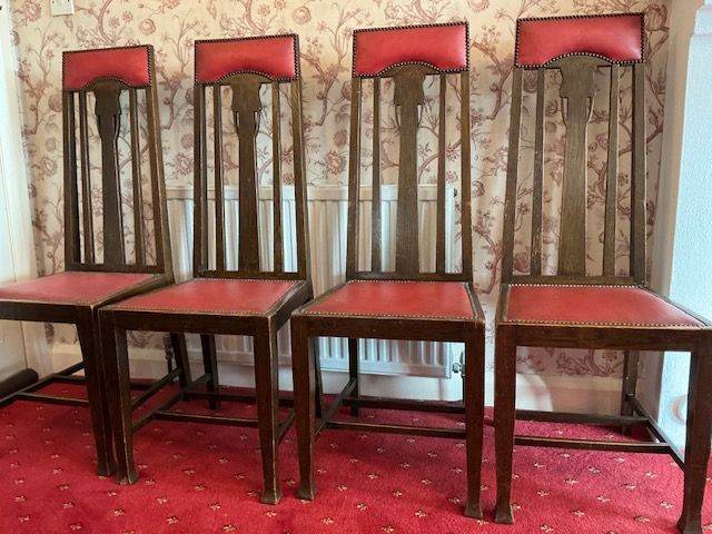 Set of 4 Vintage Wooden Dining Chairs with Red Upholstery