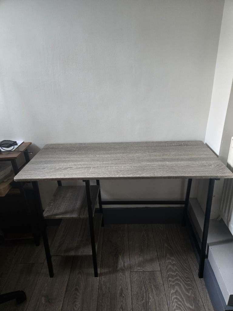 Grey desk with 2 tier shelf
