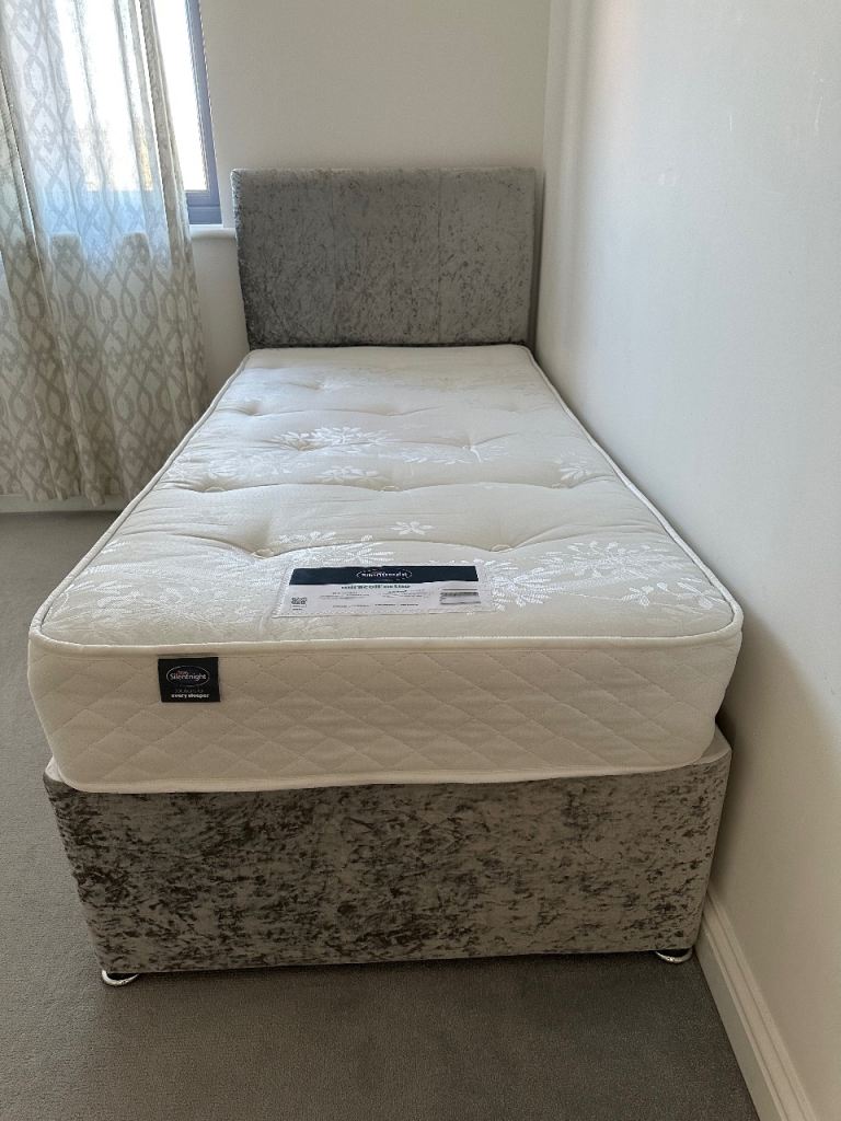 Single Dewan Bed Crushed Velvet Full Head-board with SilentNight Branded Mattress 
