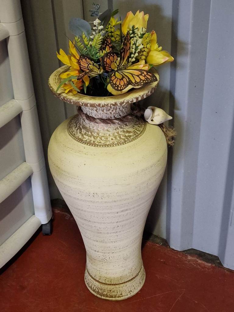 Large Decorative Floor Vase with Faux Flowers and Butterflies