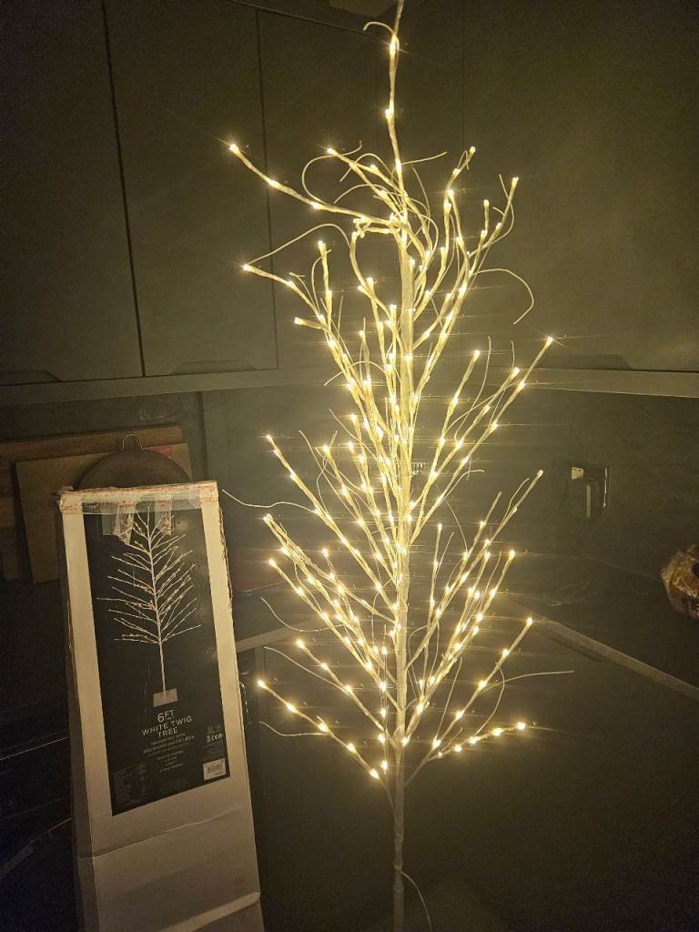Lovely 6ft White Twig Tree with Warm White LED Lights