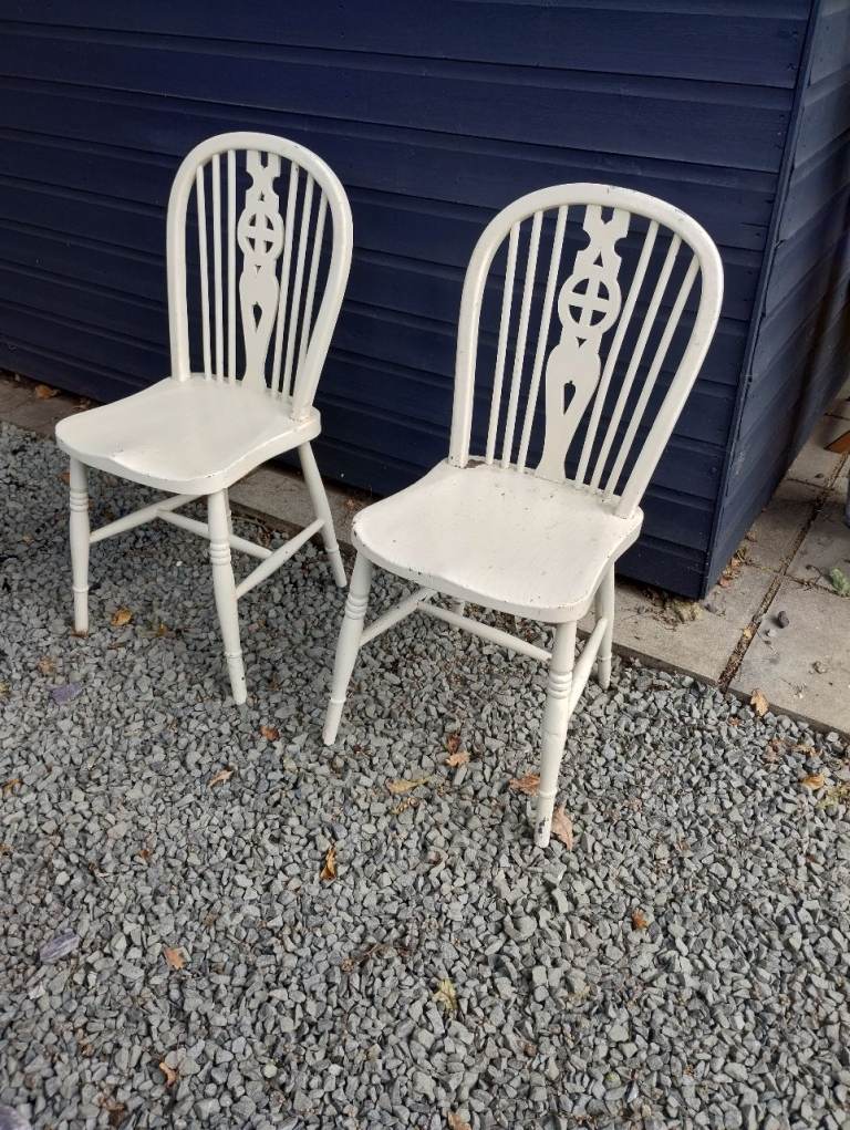 Pair of White Wooden Wheel Back Dining Chairs