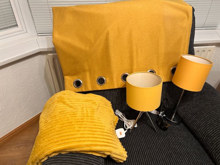 Ochre Yellow Blackout Curtains, Lamps, Throw & Duvet Set