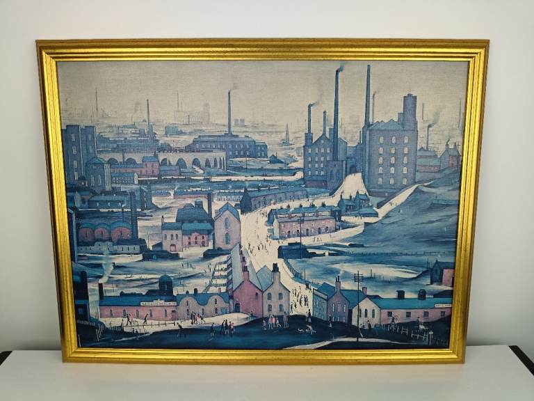 Vintage Industrial Landscape Painting in Gold Frame by L.S Lowry