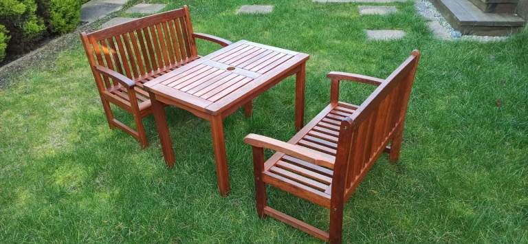 Children's teak garden table and 2 benches