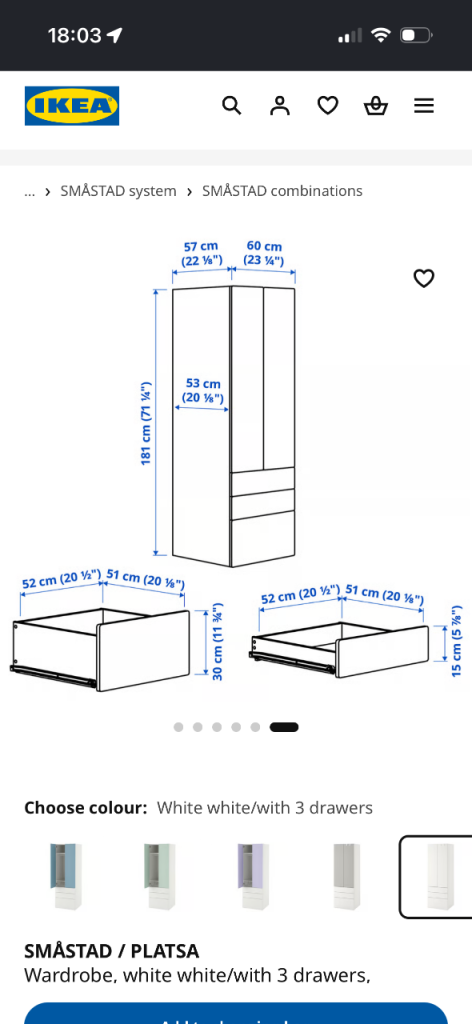 IKEA SMÅSTAD / PLATSA Wardrobe with 3 Drawers – White, Good Condition