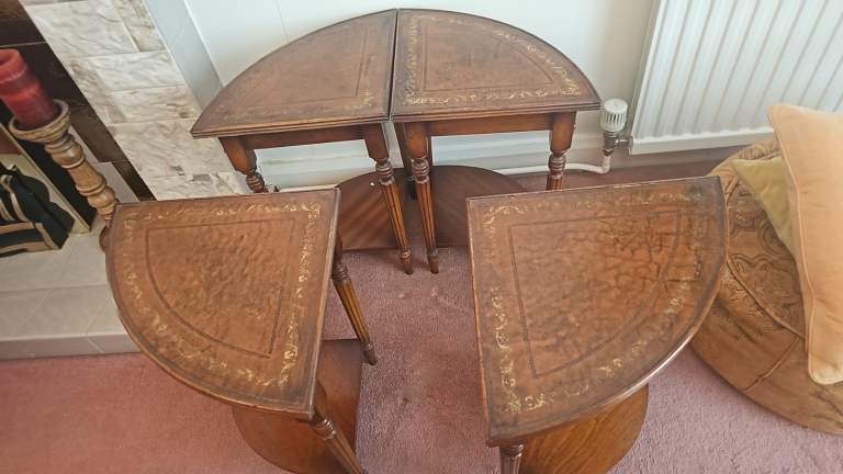 Vintage walnut nest of tables with leather tops