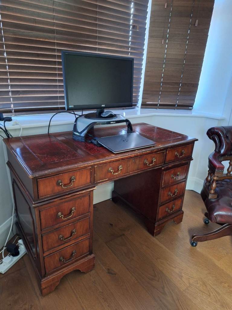 Classic Antique Style Pedestal Desk with Leather Top, matching captains chair available