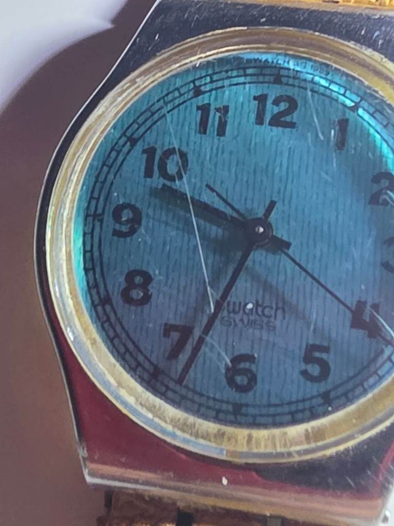 Swatch Vintage Watch with Turquoise Textured Dial and Leather Band Working Order