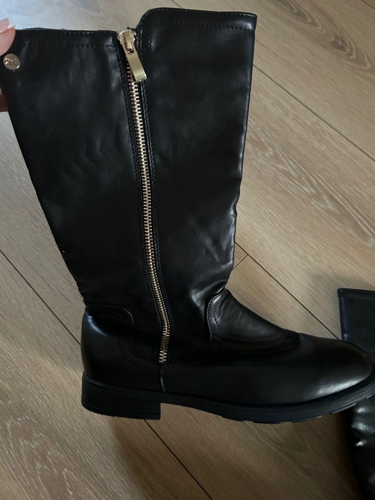 New Black Knee-High Boots with Gold Zip Detail 