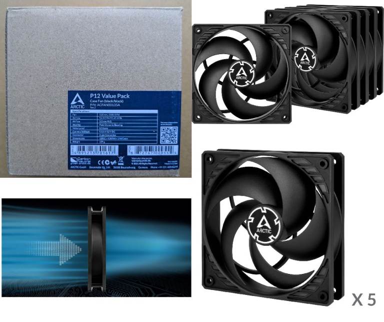 5 Pack Arctic P12 Static Pressure 120mm Black Case Fans 1800RPM 56.3CFM 3 Pin