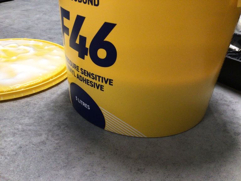 Just under half a five litre tub of F46 Ball pressure sensitive LVT flooring adhesive 