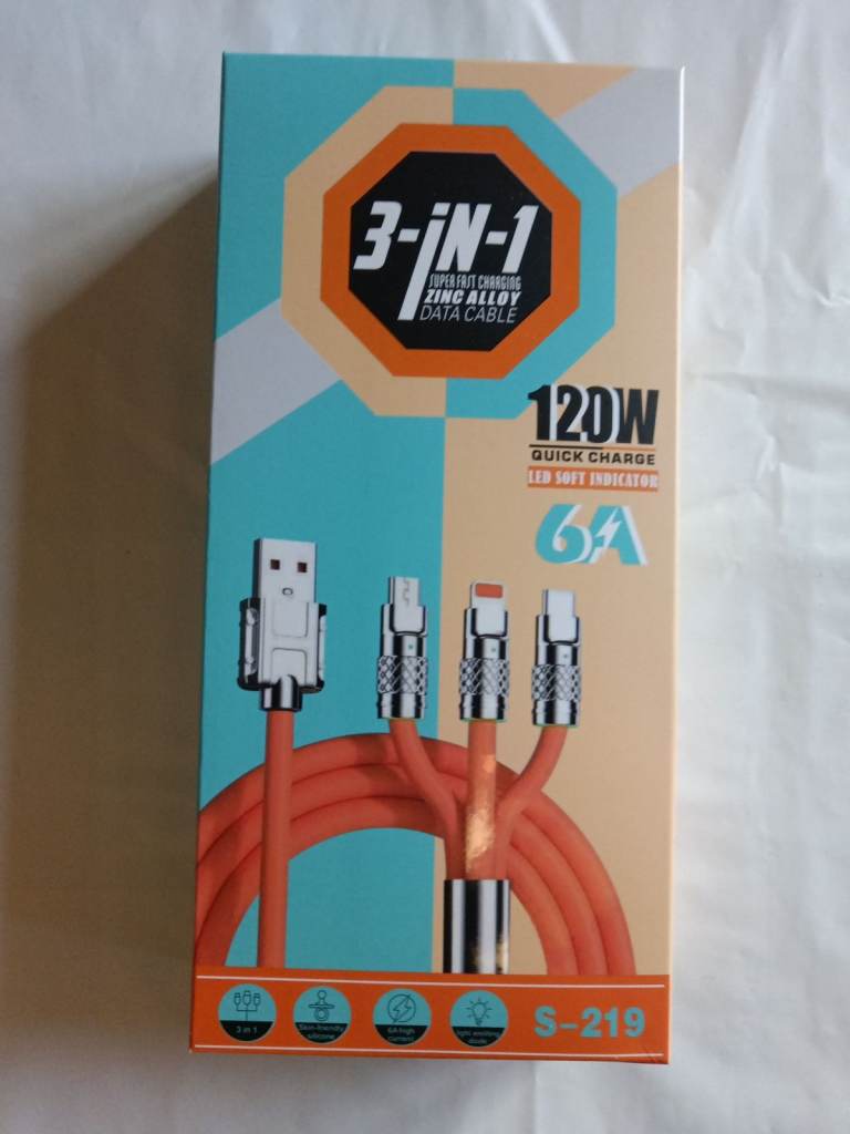 120W USB Charger Cable 3 in 1 Super Fast Charging for iPhone, Samsung, Android