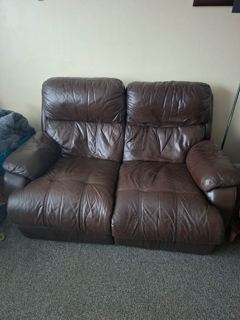 2 seater brown leather reclining sofa 