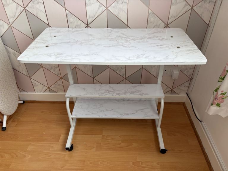 Adjustable White Marble Effect Desk on Wheels 
