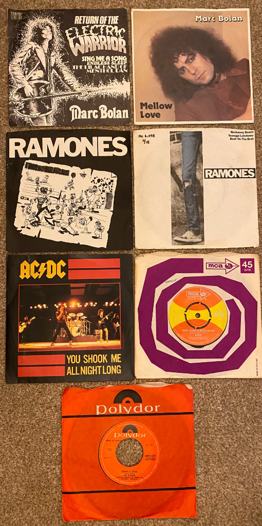 ACDC, Ramones, Marc Bolan, Jimi Hendrix, Budgie, British original 7 inch singles