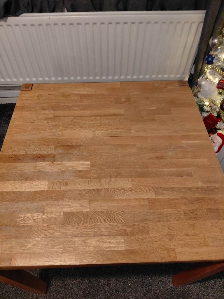 image for Free square wood table with 2 cream faux leather chairs.  