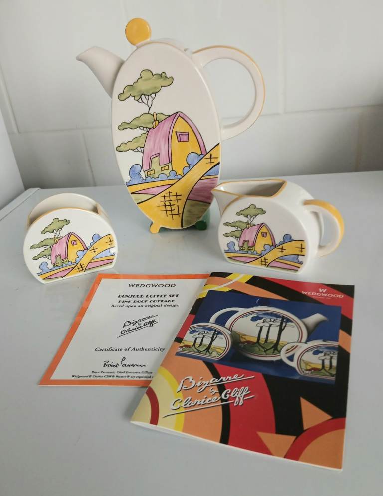 Wedgwood Clarice Cliff Bonjour Coffee Set - Teapot, Jug, & Sugar Bowl