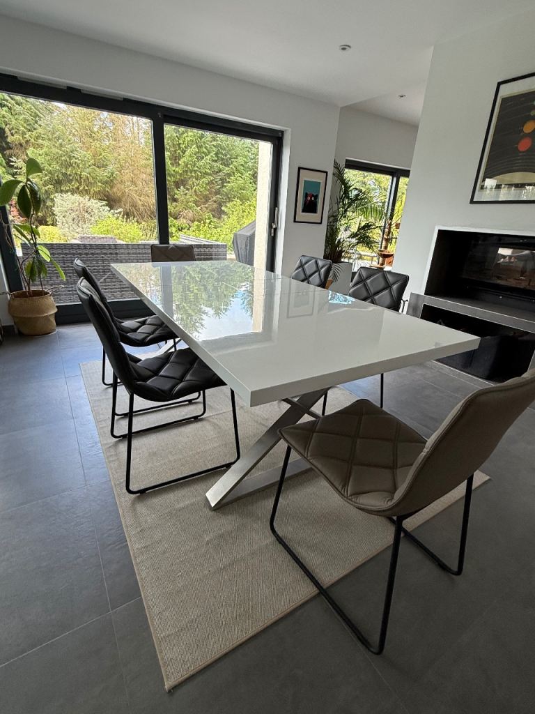 Contemporary White Dining Table and chairs set.  8-10 Seat table + 6 chairs 