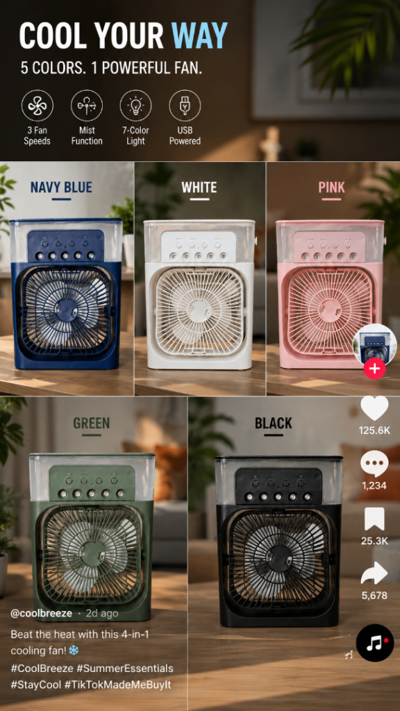 Air Cooler Fan with 3 Gear Wind Speed Humidification 7 Colors LED Light 1/2/3H Timer for Better Life