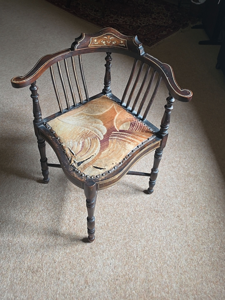 Antique Wooden Corner Chair with Upholstered Seat – Fair Condition