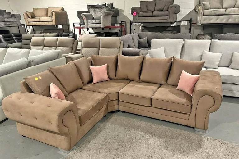 Large Brown Fabric Corner Sofa - New Condition