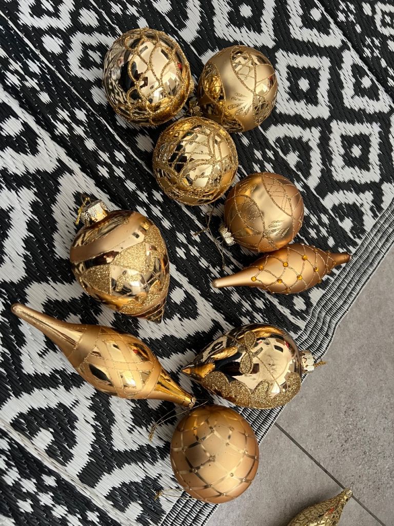 Vintage Set of 9 Gold Christmas Tree Ornaments - vintage glass Baubles & Drops