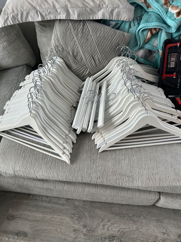 152 White (SOLD) Wooden Clothes Hangers with Clips – Job Lot