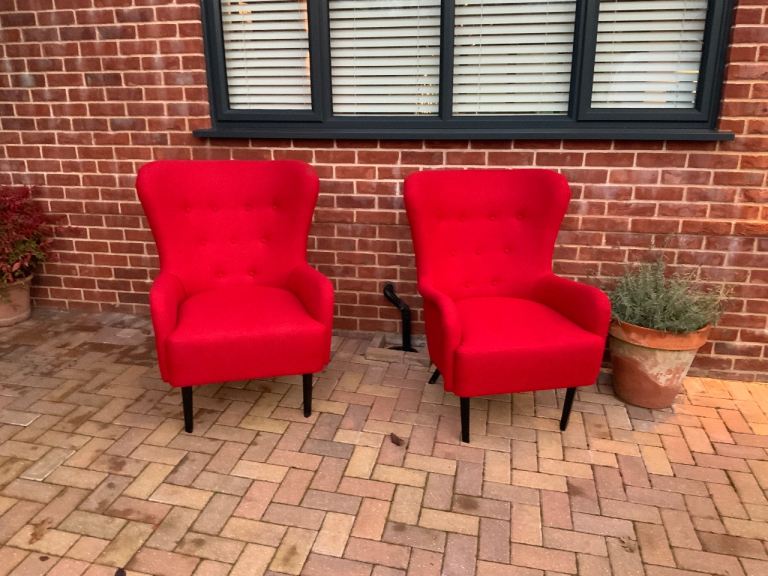 2 RED HIGH BACK ARMCHAIRS 