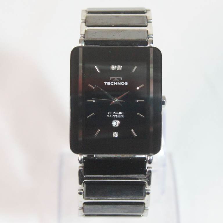 Technos Ceramic Sapphire T9137 Rectangular Quartz Date Tank Watch Wristwatch