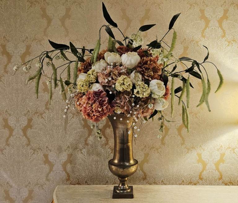 Antique Gold Metal Vase with Soft Pink & Green Faux Floral Display