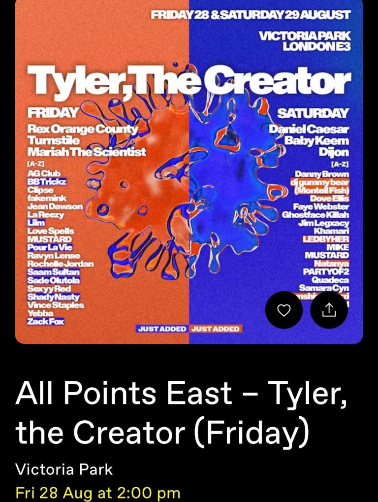 X2 All Points East - Tyler, the Creator (Friday) Ticket