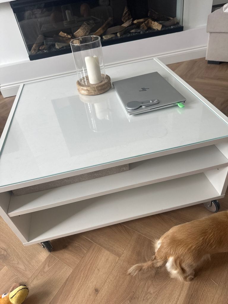 White Coffee Table with Glass Top and Storage Shelves