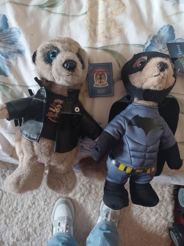 Pair of Meerkat Toy Plushies - Biker and Batman Outfits, With Tags for Sale