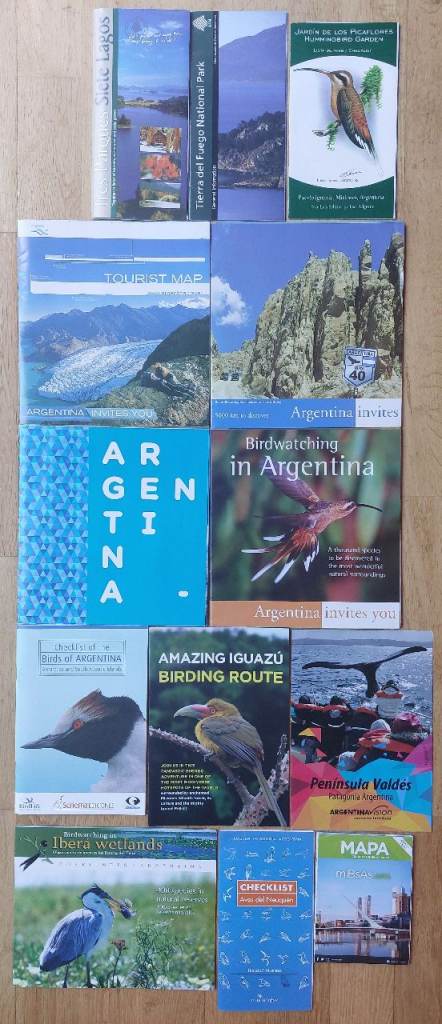 13 useful maps/leaflets on touring Argentina; wine, sport, nature, birding etc