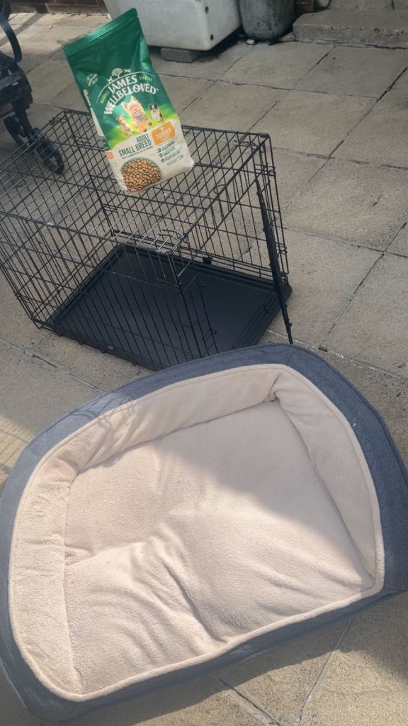 Dog cage, bed and food