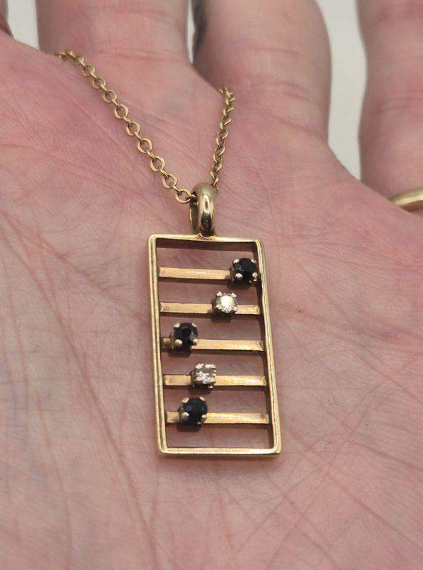 Vintage 9ct yellow gold, sapphire and diamond abacus pendant & 18 inch chain