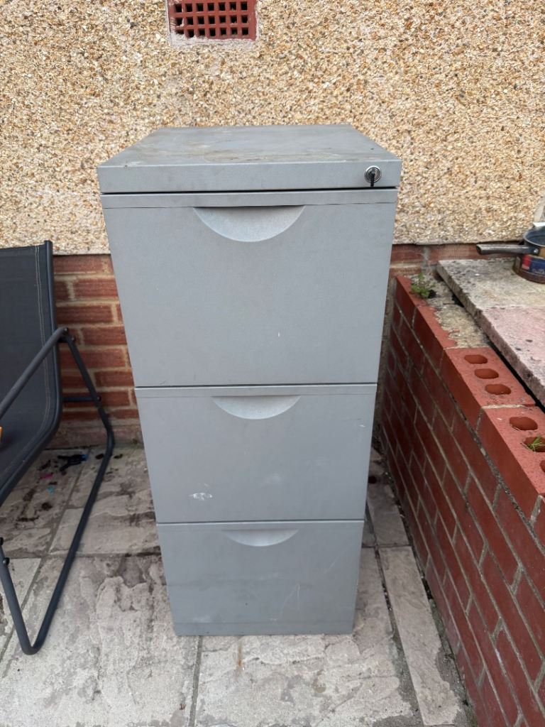 Large Grey Metal 3-Drawer Filing Cabinet with Key