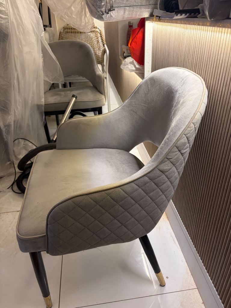 10 x Grey Velvet Dining Chairs – Quilted Back, Black & Gold Legs
