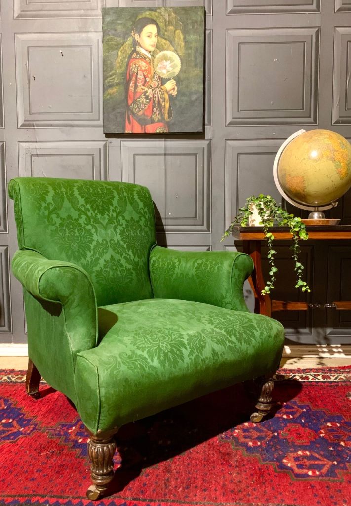 SOLD Antique 19thC Victorian INDIA OFFICE Armchair in Green Damask on Casters
